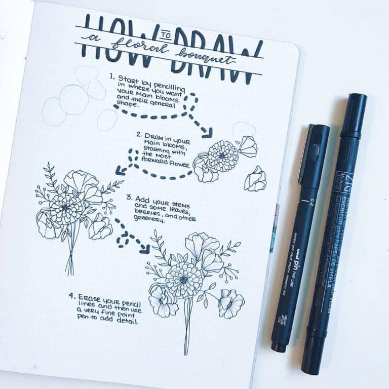 Flower bullet journal doodles - how to draw a bouquet.
