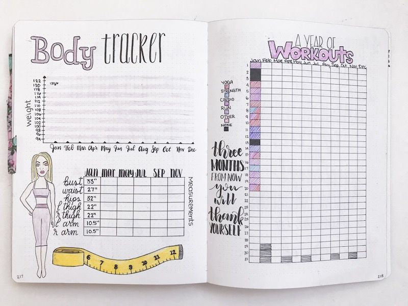 A bullet journal tracker measuring weight loss, inches lost and a year of workouts.