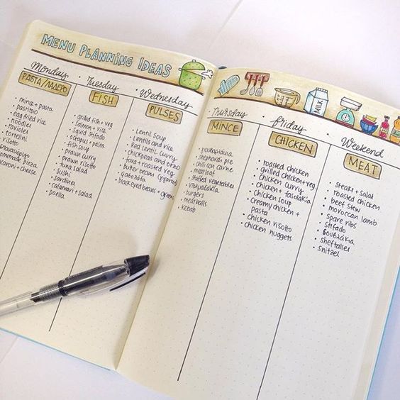 Meal planning spread with themed recipes for every day of the week.