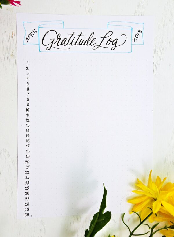 Printable gratitude log for a bullet journal or planner.