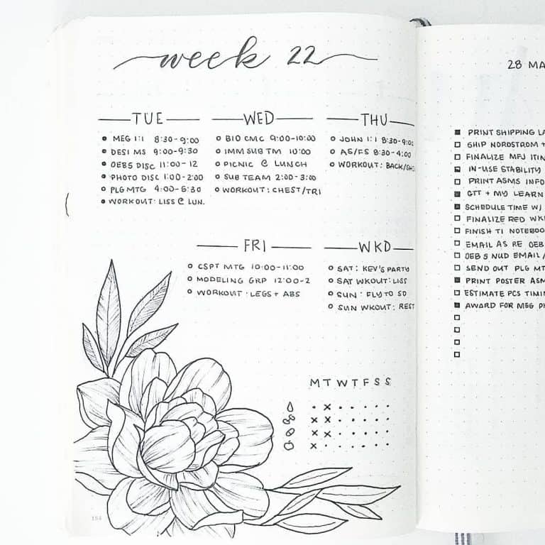 Minimal floral weekly spread in a bullet journal