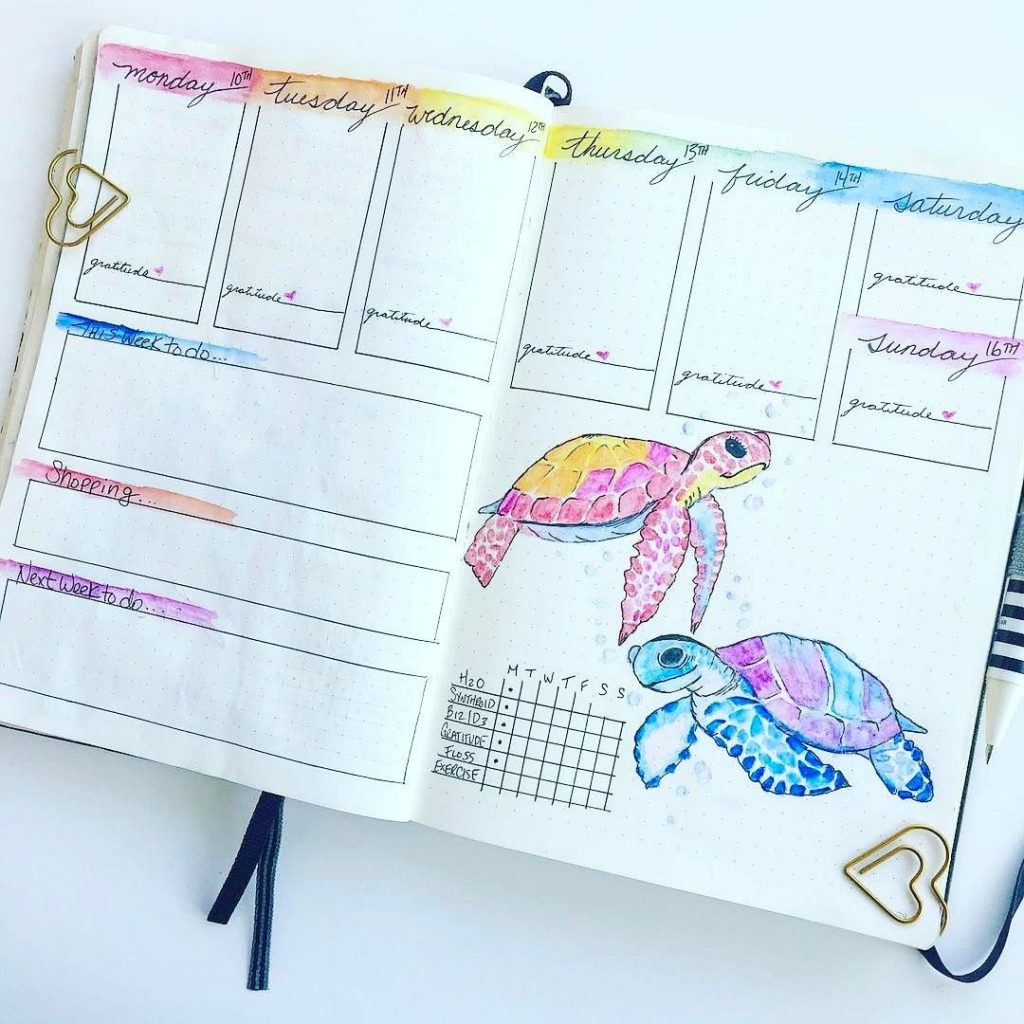 Colorful bullet journal weekly spread with watercolor sea turtlesQ