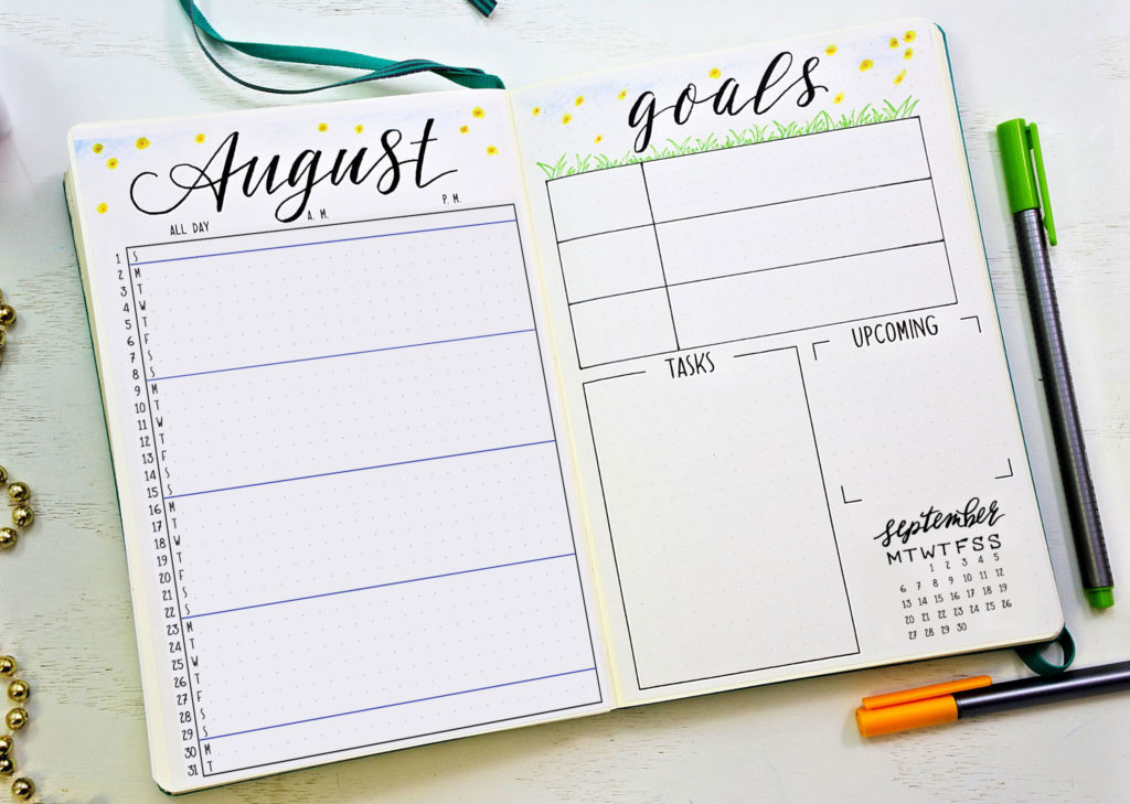 August 2021 Bullet Journal Calendar and Goals Spread