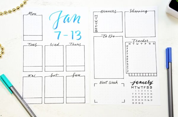 printable bullet journal setup January weekly spreads