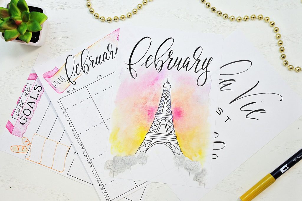 Eiffel tower themed printable bullet journal setup for February