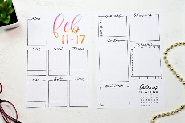 Printable bullet journal weekly spread for February.