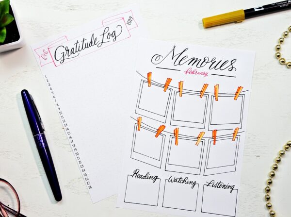 Printable Gratitude Log and Memories page for February bullet journal setup.