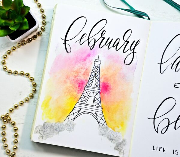 Eiffel tower February bullet journal cover page.
