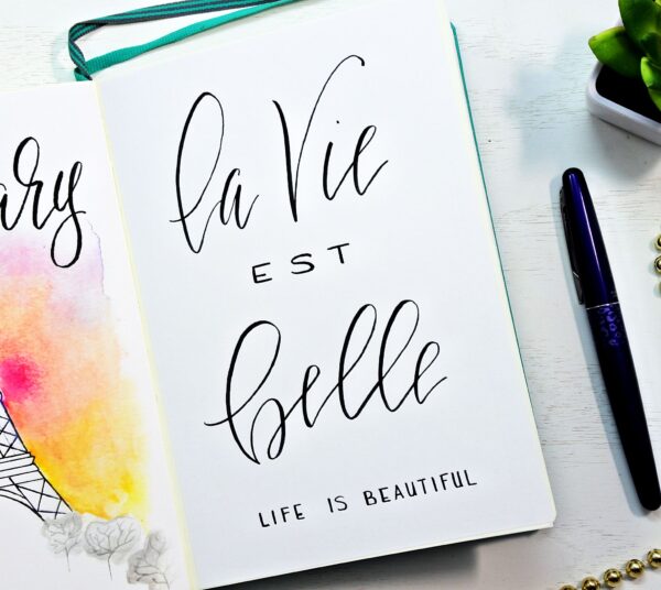 French hand-lettered quote" Life is beautiful " . Hand lettered Bullet journal quote.