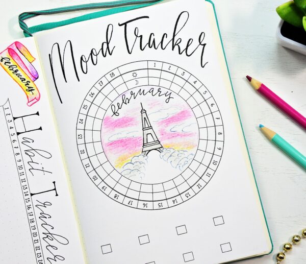 Printable bullet journal circular mood tracker for February.