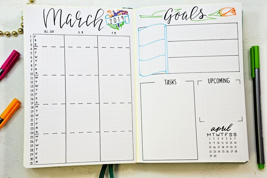 Monthly setup for march in a bullet journal.