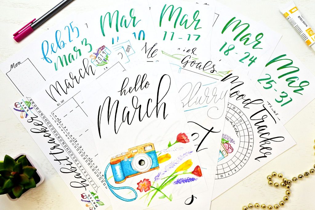 Printable March setup for planner or bullet journal.