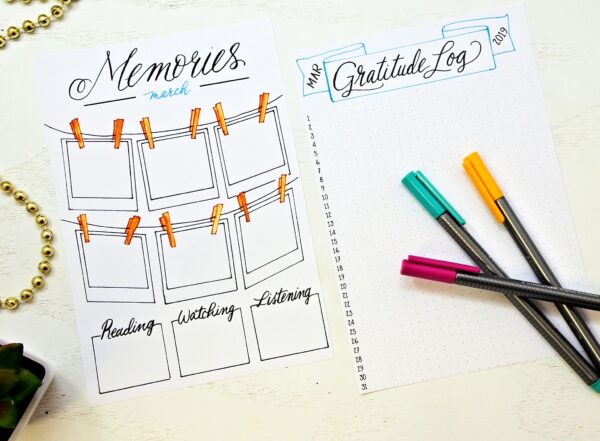Printable memories page and gratitude log for a Bullet Journal.