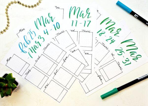 Printable weekly spreads for March 2019 Bullet Journal.