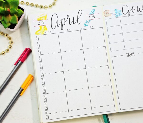 Bullet journal calendar for April.