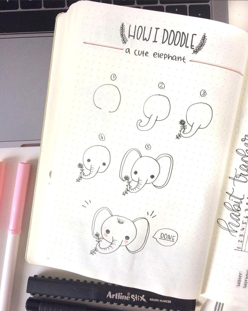 How to draw and elephant bullet journal doodle