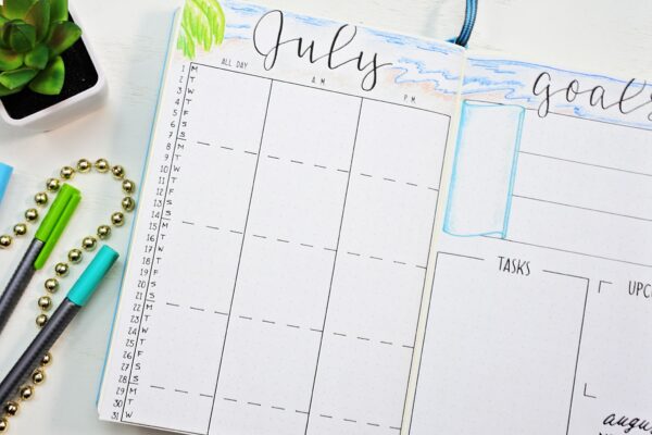 Printable July calendar for a bullet journal.