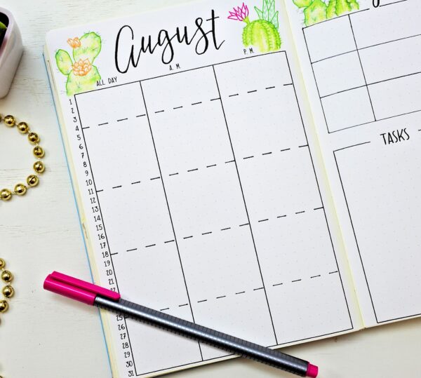 august bullet journal monthly calendar