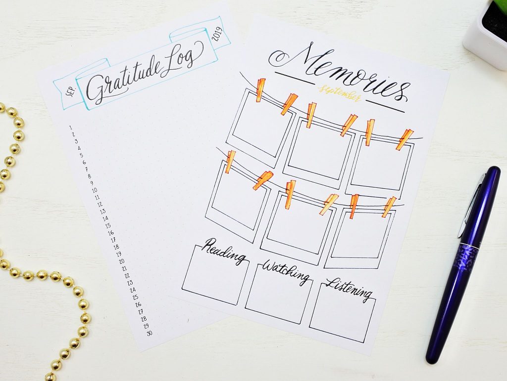 Printable gratitude log and memories page for a bullet journal.