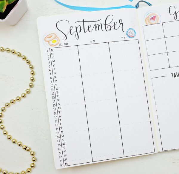 Pritnable bullet journal monthly calendar for september.