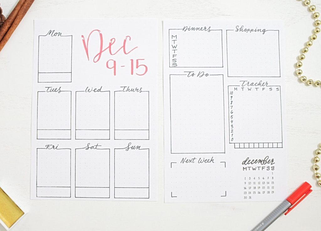 Printable december bullet journal weekly spread