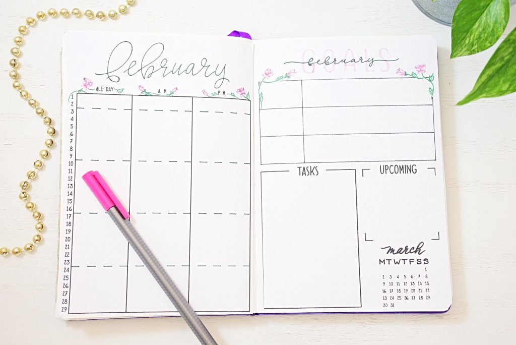 February bullet journal calendar printable.