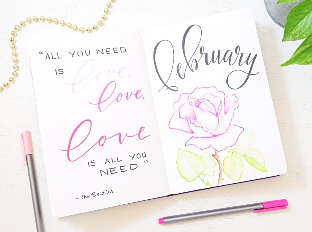 February bullet journal cover pages.