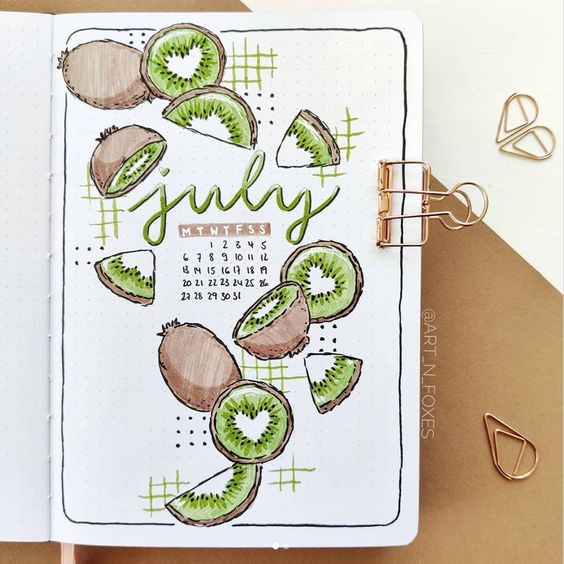 kiwi July bullet journal cover page