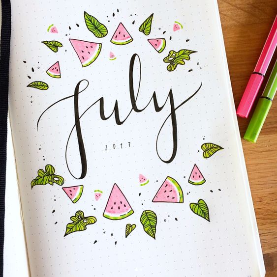 watermelon July bullet journal cover page