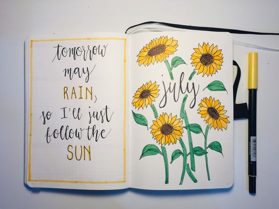 July sunflower bullet journal cover page