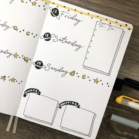 star themed bullet journal weekly spread