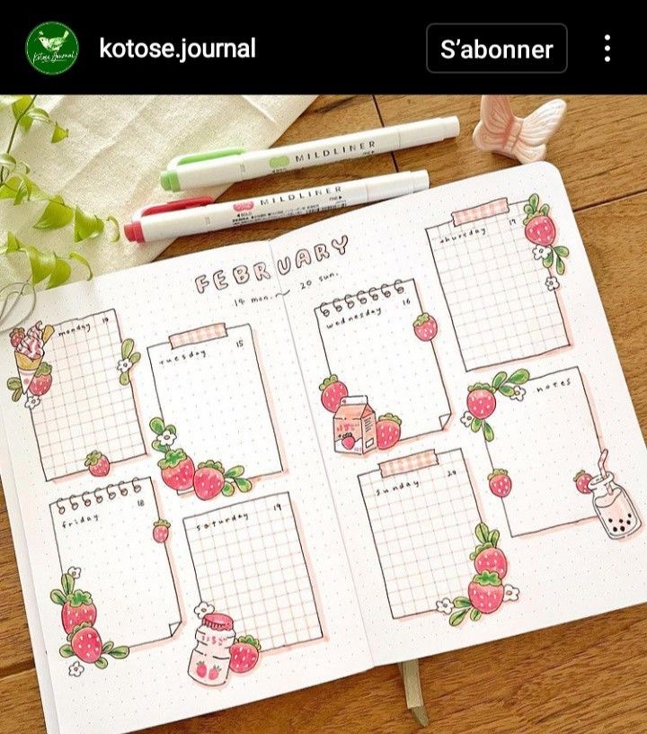 Strawberry bullet journal spreads February 