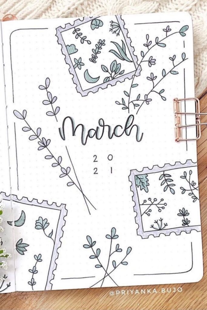 Aesthetic March bullet journal spreads