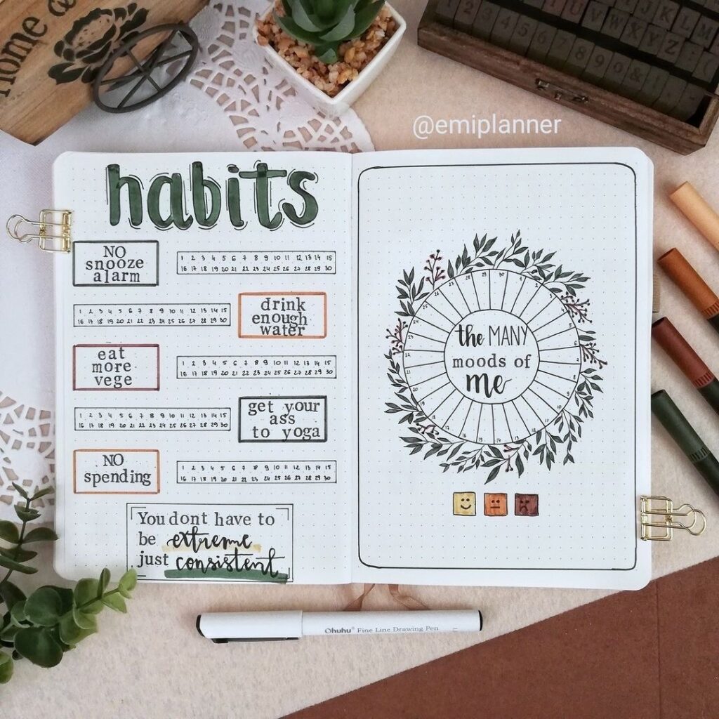 Green bullet journal spreads 